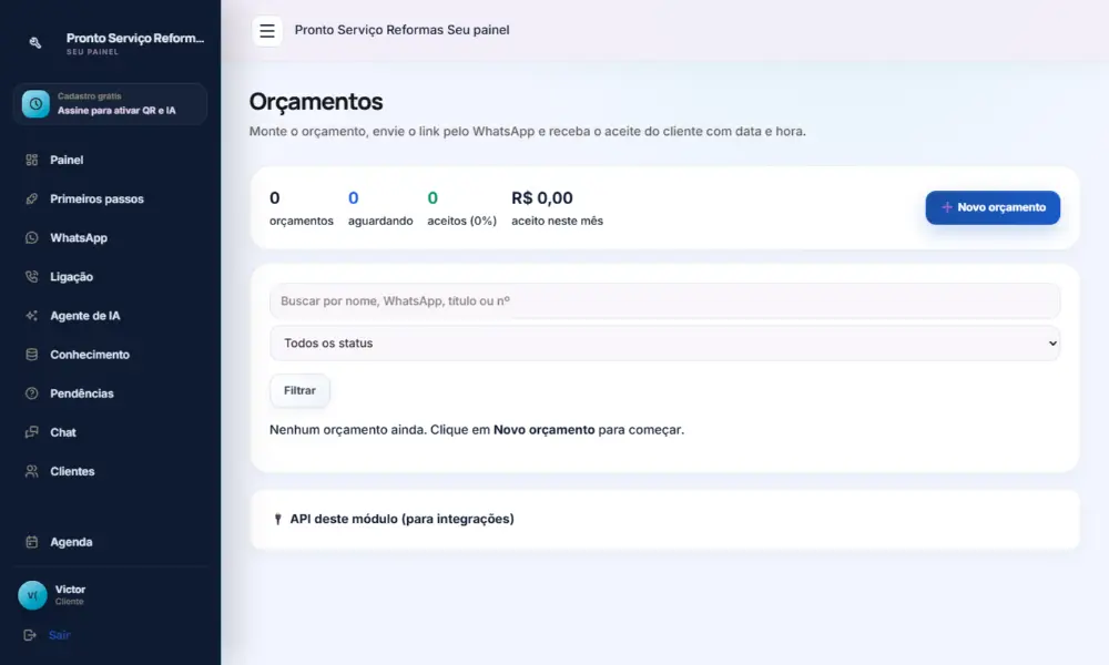 Tela do Pronto Serviço Reformas